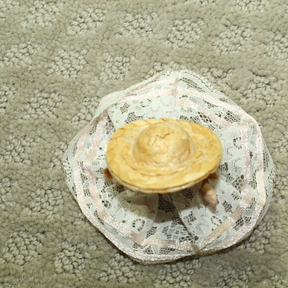 Vintage Ceramic 2.5" Doll in Lace Dress & Straw Hat - Picture 3 of 6